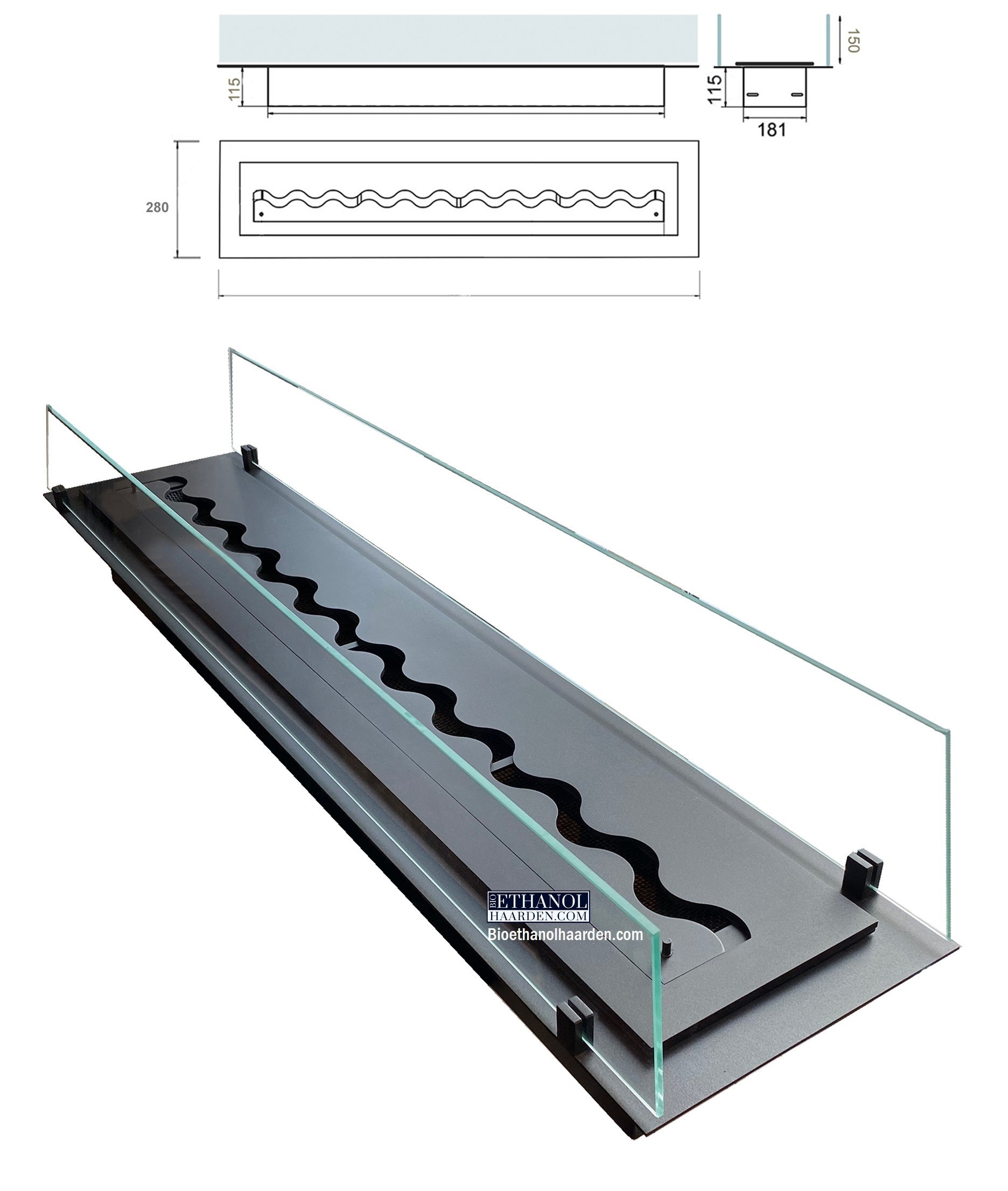 Fala Wave Bio-Ethanol Inzethaard Met Glas 500 MM - 2000 MM