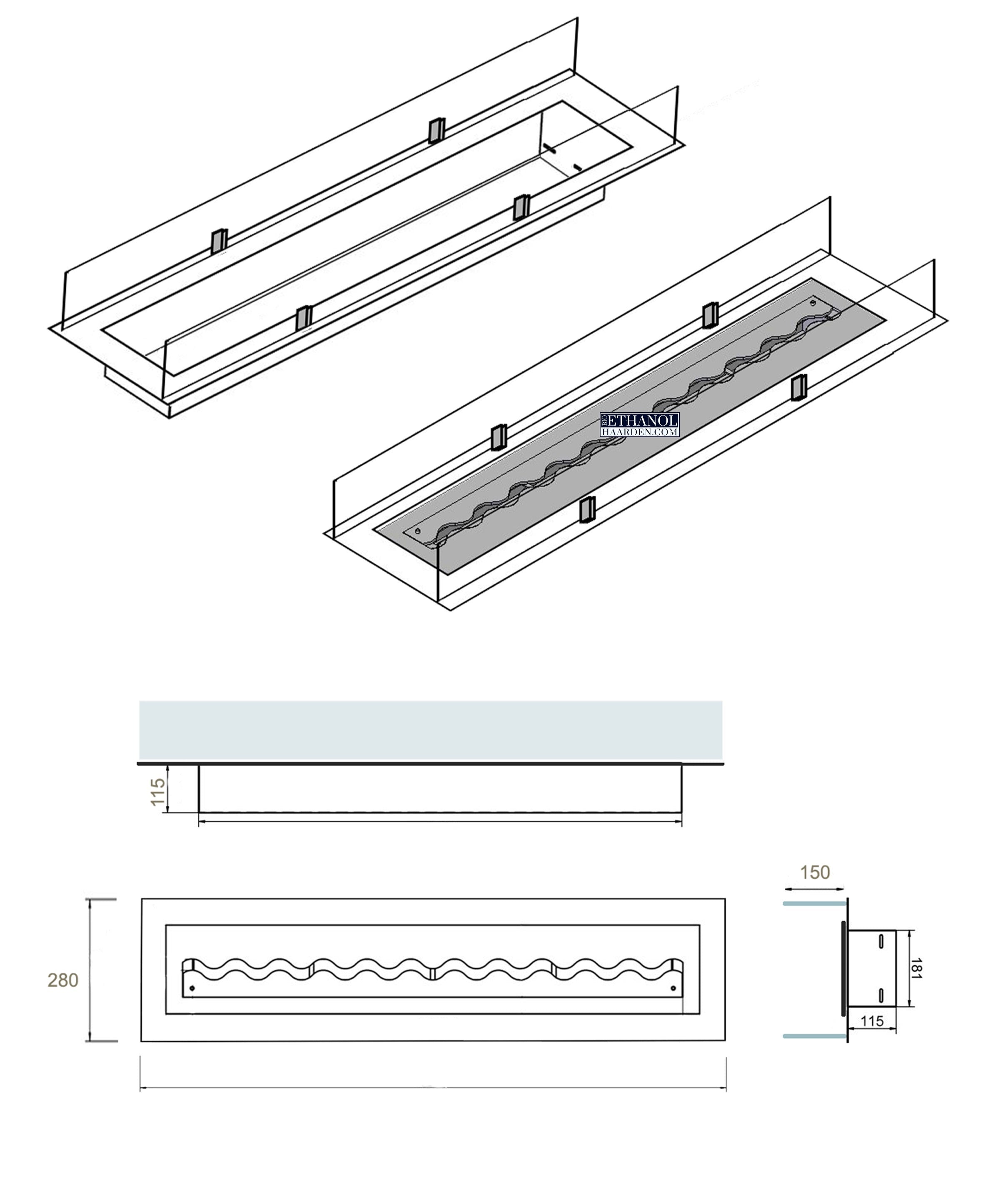 Fala Wave Bio-Ethanol Inzethaard Met Glas 500 MM - 2000 MM