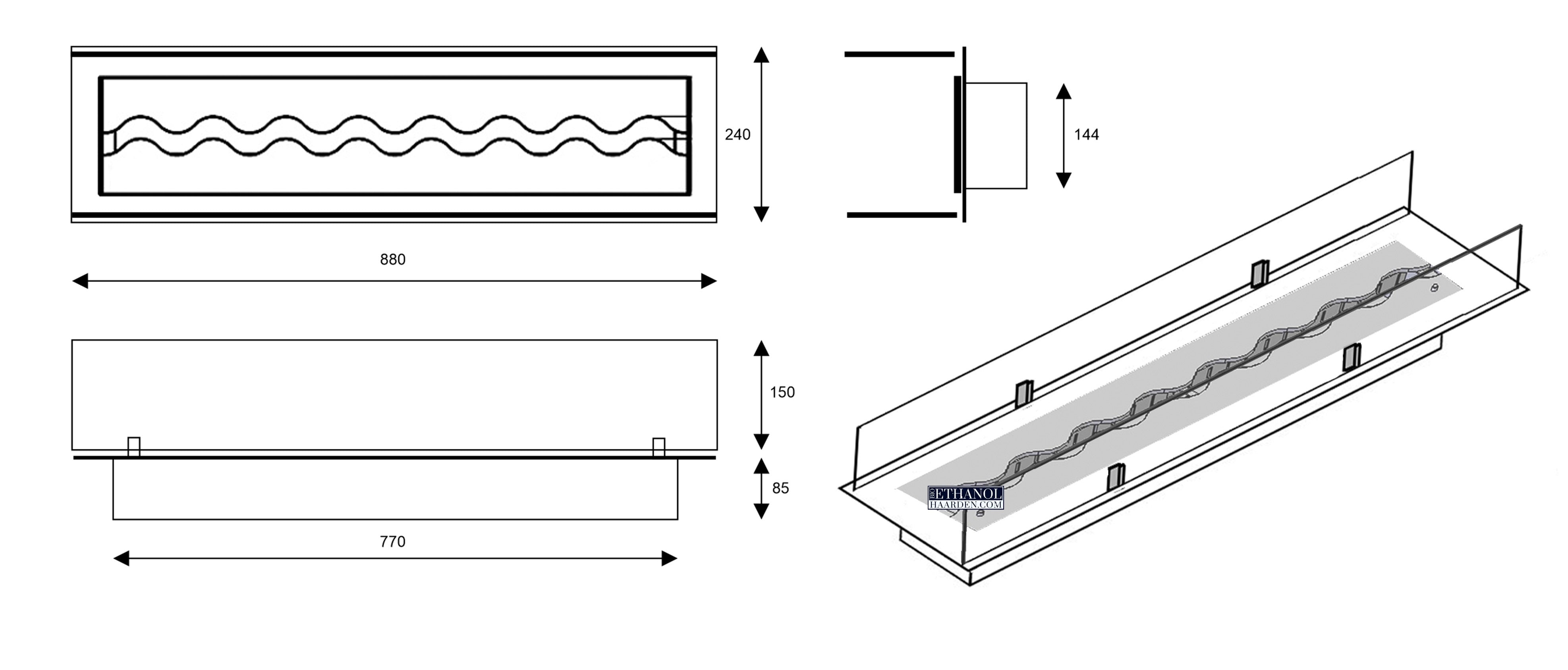 Fala Wave Bio-Ethanol Inzethaard Met Glas 500 MM - 2000 MM