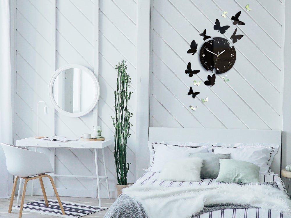 Vlinders Zwart en Spiegel Decorative Wandklok