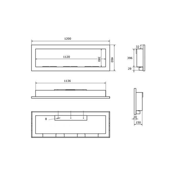 Inbouwhaard Mat Zwart H-Line 3D 120 x 40 CM Met Glas - Bioethanolhaarden